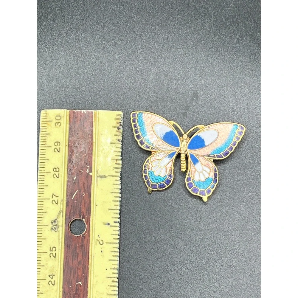 Vtg Enamel Butterfly Brooch Pin‎ Gold Tone Blue Pink White Artistic Whimsical